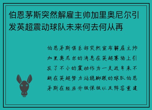 伯恩茅斯突然解雇主帅加里奥尼尔引发英超震动球队未来何去何从再